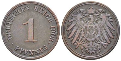 ГЕРМАНИЯ 1 ПФЕННИГ 1903 J KM 10, Jager. 10, Weege 2 медь 4528-1221