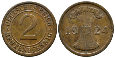 ГЕРМАНИЯ 2 РЕНТЕНПФЕННИГА 1924 A KM 31, J.307 бронза 86-1212