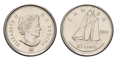 Канада 10 центов 2016 Leaf, Елизавета II (1952-2022), парусник KM 492 сталь плакированная никелем UNC 4689-632