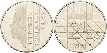 Нидерланды 2 1/2 гульдена 1994 Беатрикс (1980-2013) KM 206 никель 4590-731