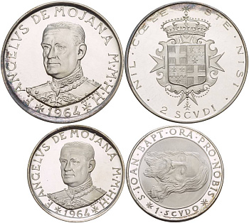 Мальтийский орден Святого Иоанна Иерусалимского набор из 2 монет (скуди и 2 скуди) 1964 магистр Моджана и Иоанн Креститель, в картонном буклете, проба 986, тираж 1000 экз. KM X9, X10 серебро PROOF 3-4-3-35