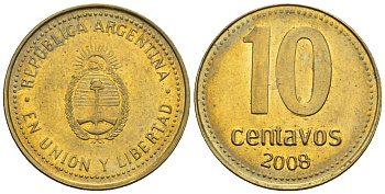 Аргентина 10 сентаво 2008 KM 107a, CJ 3, Schon 110a сталь плакированная латунью 4609-1257