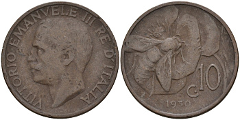 Италия 10 чентезимо 1930 Виктор Эммануил III (1900 - 1946) KM 60 медь 4146-416