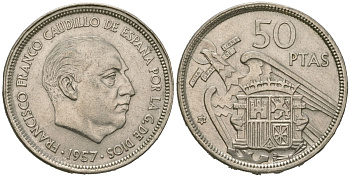 Испания 50 песет 1957 (58) Франсиско Франко (1939-1975) KM 788 медно-никель 4619-736