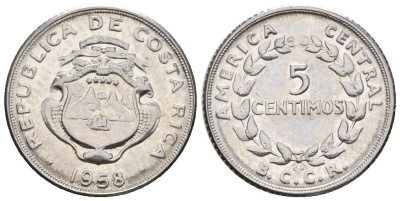 Коста-Рика 5 сентимо 1958  KM 184.1a сталь  UNC  4609-548