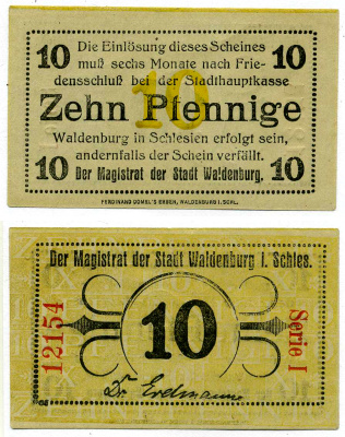 ВАЛЬДЕНБУРГ 10 ПФЕННИГОВ 1918 6 МЕСЯЦЕВ ПОСЛЕ МИРА, НОТГЕЛЬД, ЗЕМЛЯ СИЛЕЗИЯ, СЕРИЯ 1 Grabowski W3.3 бумага 2193-18-1-2