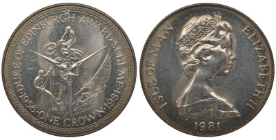 Остров Мэн 1 крона 1981 приз герцога Эдинбургского, мотоспорт, яхтинг, скалолазание КМ 76 медно-никель UNC 02-115-42