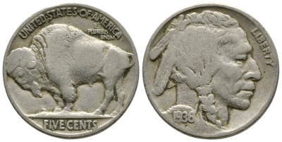 США 5 ЦЕНТОВ 1936 ИНДЕЕЦ, БИЗОН KM 134 медно-никель 25-635