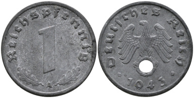 ГЕРМАНИЯ 1 РЕЙХСПФЕННИГ 1943 A KM 97, J.369 цинк 96-756
