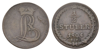Гессен-Дармштадт 1/2 штубер 1805 Людвиг I (1790-1830) KM 259, Schütz V 3240 медь 1529-234