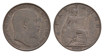 Великобритания 1 фартинг 1902 Эдуард VII (1901-1910) KM 792, Spink 3992 бронза 4651-1156