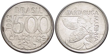 Бразилия 500 крузейро 1992 морская черепаха KM 624 нержавеющая сталь 4396-624