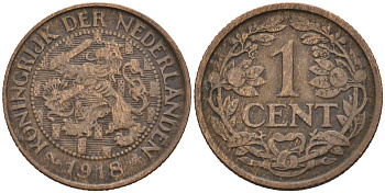Нидерланды 1 цент 1918 Вильгельмина (1890-1948) KM 152 бронза 4576-723