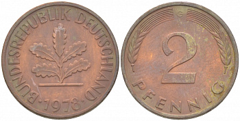 ФРГ 2 ПФЕННИГА 1978 G KM 106a, J.381a сталь плакированная сталь плакированная медьюю 3996-1116
