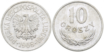 ПОЛЬША 10 ГРОШЕЙ 1968 MW KM АА47 алюминий 112-1213