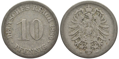 ГЕРМАНИЯ 10 ПФЕННИГОВ 1889 D, СТАРОГЕРБОВКА KM 4, Jager 4, Weege 7 медно-никель 4543-624