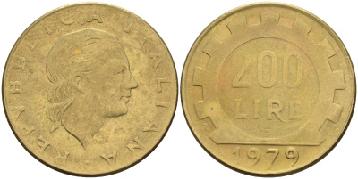 Италия 200 лир 1979 R, шестерня KM 105 алюминиевая бронза 4116-426