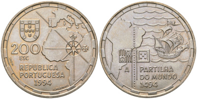 Португалия 200 эскудо 1994 500 лет разделению зон влияния между Португалией и Испанией KM 672 медно-никель UNC 74-614