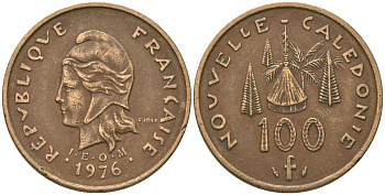 Французская Новая Каледония 100 франков 1976 хижина среди сосен и пальм, (IEOM) KM 15, Schoen 16, Lec 130 никель бронза 88-224