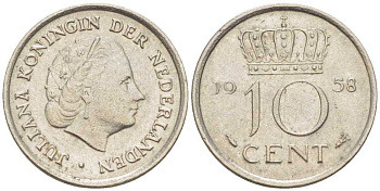 НИДЕРЛАНДЫ 10 ЦЕНТОВ 1958 ЮЛИАНА (1948-1980) KM 182 никель 214-1148