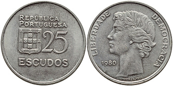 Португалия 25 эскудо 1980 первый год KM 607а медно-никель 4394-744
