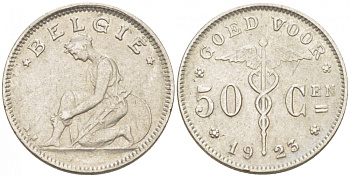 БЕЛЬГИЯ 50 САНТИМОВ 1923 BELGIE KM 88 никель 261-1668