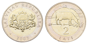 Латвия 2 лата 2003 корова KM 38 биметалл BU 4678-326
