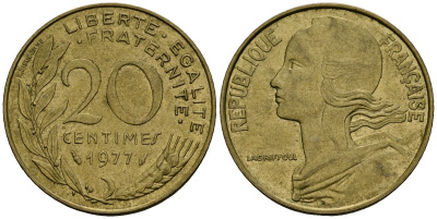 Франция 20 сантимов 1977 тип Marianne KM 930 медь алюминий никель 4135-616