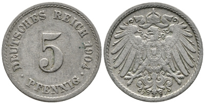 ГЕРМАНИЯ 5 ПФЕННИГОВ 1904 F KM 11, J. 12 медно-никель 39-769