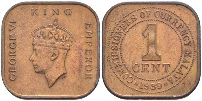 Британская Малайя 1 цент 1939 Георг VI (1937-1952) KM 2 бронза UNC 68-522