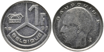 БЕЛЬГИЯ 1 ФРАНК 1991 BELGIQUE KM 170 сталь плакированная никелем 99-1225