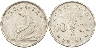 БЕЛЬГИЯ 50 САНТИМОВ 1923 BELGIE KM 88 никель 261-1668