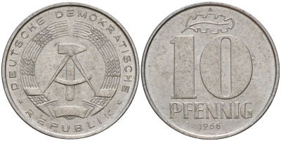 ГДР 10 пфеннигов 1968 A KM 10 алюминий 67-346