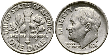 США 10 ЦЕНТОВ = 1 ДАЙМ 1984 P, РУЗВЕЛЬТ KM 195а медь плакированная медно-никелем 46-2521