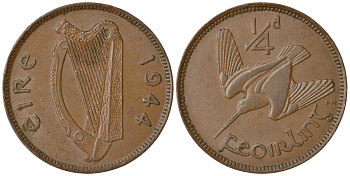 ИРЛАНДИЯ 1 ФАРТИНГ 1944 ВАЛЬДШНЕП KM 9 бронза 1525-834
