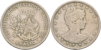 Бразилия 400 рейс 1901 голова свободы вправо KM 505 медно-никель 4367-141