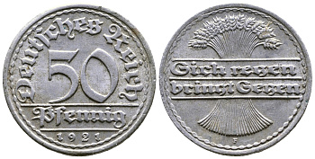 ГЕРМАНИЯ 50 ПФЕННИГОВ 1921 F KM 27, J. 301 алюминий 4364-957