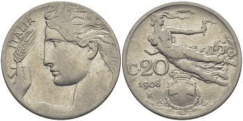 ИТАЛИЯ 20 ЧЕНТЕЗИМО 1908 R KM 44 никель 28-116