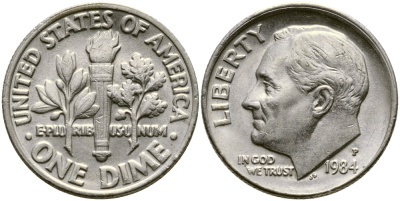США 10 ЦЕНТОВ = 1 ДАЙМ 1984 P, РУЗВЕЛЬТ KM 195а медь плакированная медно-никелем 46-2521