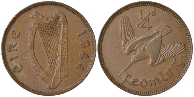 ИРЛАНДИЯ 1 ФАРТИНГ 1944 ВАЛЬДШНЕП KM 9 бронза 1525-834