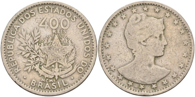 Бразилия 400 рейс 1901 голова свободы вправо KM 505 медно-никель 4367-141