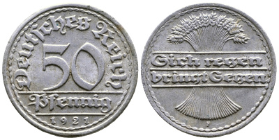 ГЕРМАНИЯ 50 ПФЕННИГОВ 1921 F KM 27, J. 301 алюминий 4364-957