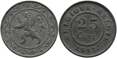 БЕЛЬГИЯ 25 САНТИМОВ 1917 BELGIQUE-BELGIE, ГЕРМАНСКАЯ ОККУПАЦИЯ, ПЕРВАЯ МИРОВАЯ ВОЙНА KM 82 цинк 98-653