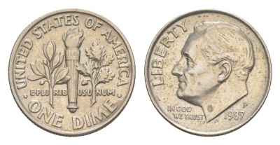 США 1 дайм (10 центов) 1987 P, президент Рузвельт KM 195a медь плакированная медно-никелем 4649-1251