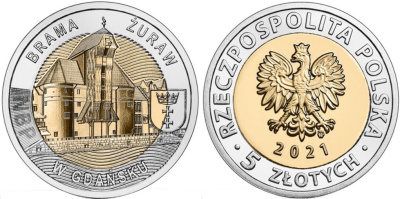 Польша 5 злотых 2021 Крановые ворота в Гданьске KM NEW биметалл  UNC  M11-07
