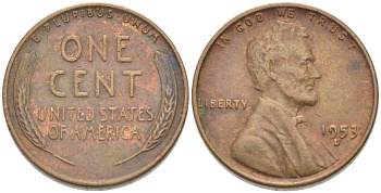 США 1 ЦЕНТ 1953 D, ЛИНКОЛЬН KM А132 медь цинк 218-1014
