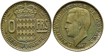 Монако 10 франков 1951 Ренье III (1949-2005) KM 130 алюминиевая бронза 4364-1245