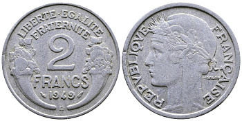 Франция 2 франка 1949 В, тип Morlon KM 886а.2, Le Franc 269.15 алюминий 08-1231