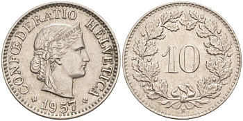 ШВЕЙЦАРИЯ 10 РАППЕНОВ 1957 В KM 27 медно-никель 55-251