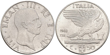 ИТАЛИЯ 50 ЧЕНТЕЗИМО 1941 R, ГОД XIX, ВИКТОР ЭММАНУИЛ III (1900-1946) KM 76b, VEM3. 1063 нержавеющая сталь 3853-321